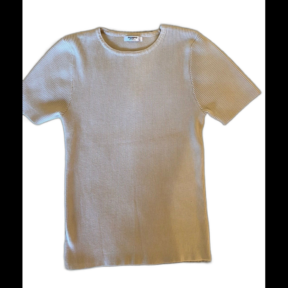 Zeagoo Womens‎ Shirt Size XL Tan Ribbed Top Short Sleeve Stretch Wardrobe Staple